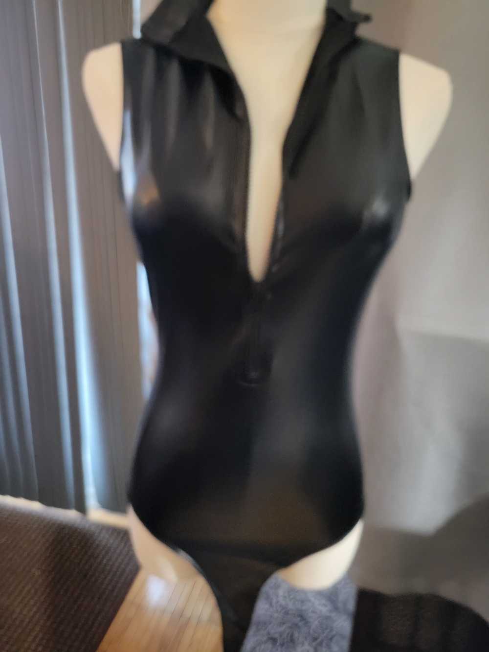 Sleeveless Black And Red Faux-Leather  Bodysuit